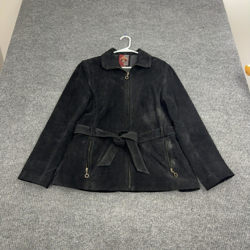 G-III Jacket Womens L Black Suede‎ Belted Zip Up Moto Chic Outerwear